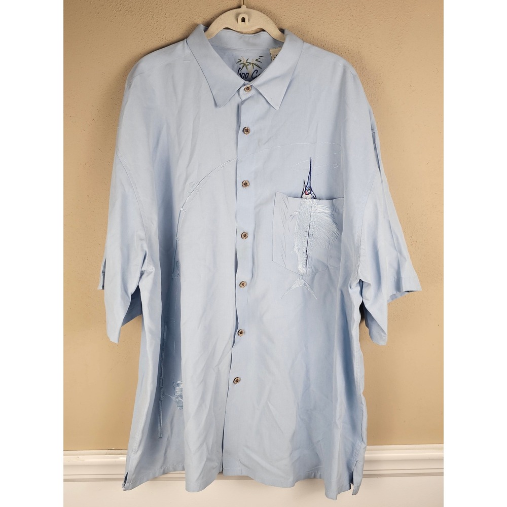 Bamboo Cay Mens Blue Embroidered Fly‎ Fishing Theme Button Down Camp Shirt XXL